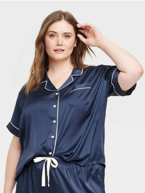 Women's Satin Sleepwear Shirt,Navy/White