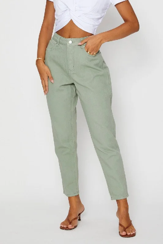 Green High Rise Mom Jeans