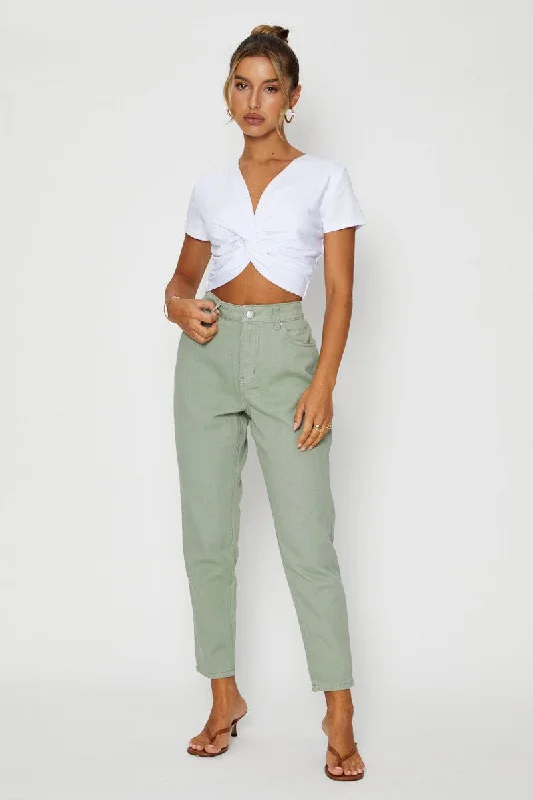 Green High Rise Mom Jeans