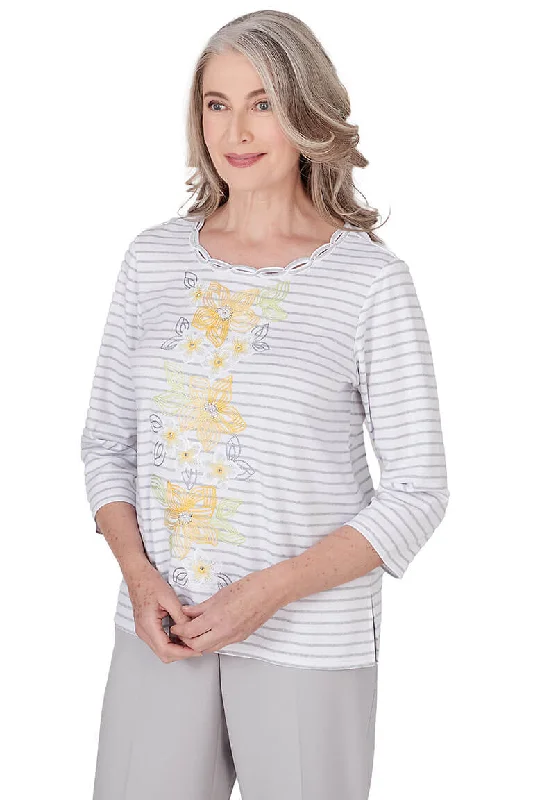 Charleston Glitter Stripe Embroidered Flower Top