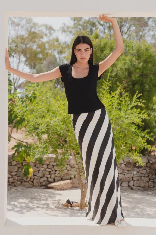 Fiery Black Stripe Satin Bias Maxi Skirt