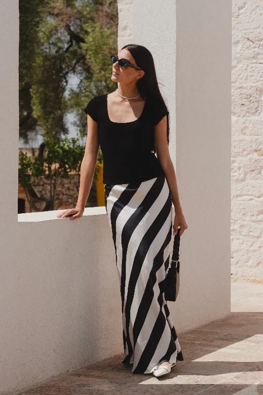 Fiery Black Stripe Satin Bias Maxi Skirt