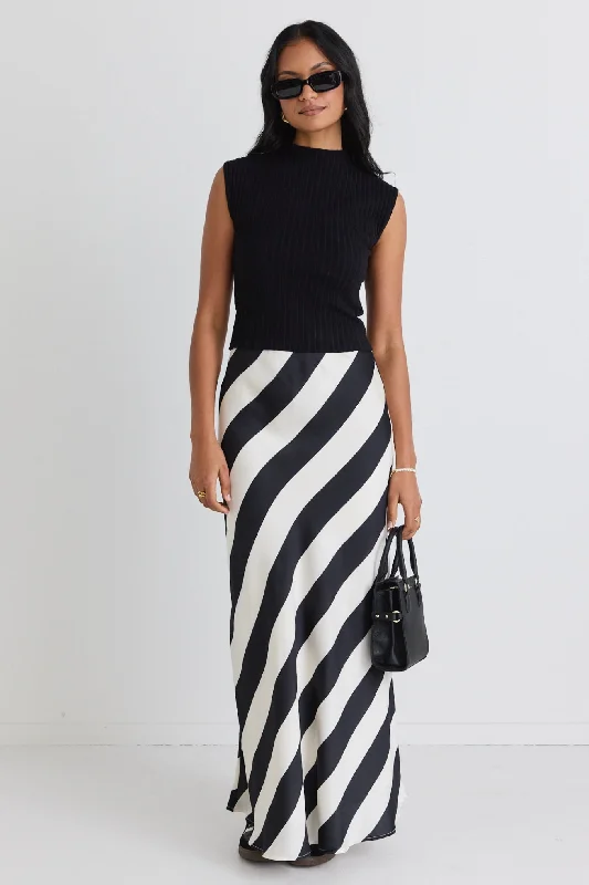 Fiery Black Stripe Satin Bias Maxi Skirt